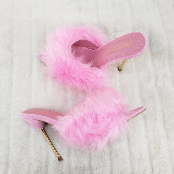 Furry Pointy Toe Slip On Gold Tone Slim Heels Pink Fuji - Picture 6 of 14